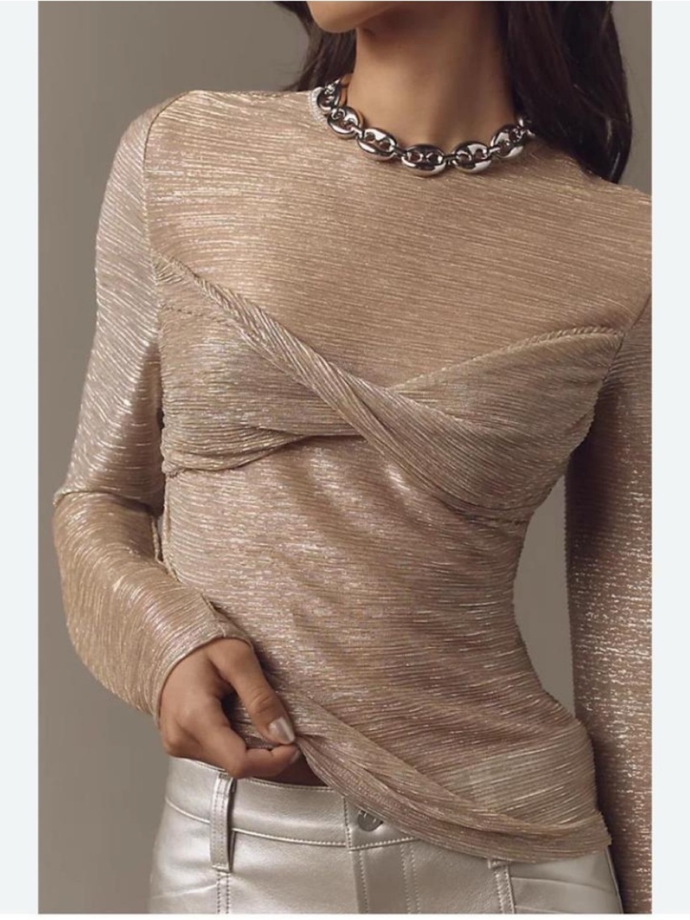 Anthropologie Metallic Champagne Twist-Front Long Sleeve Top